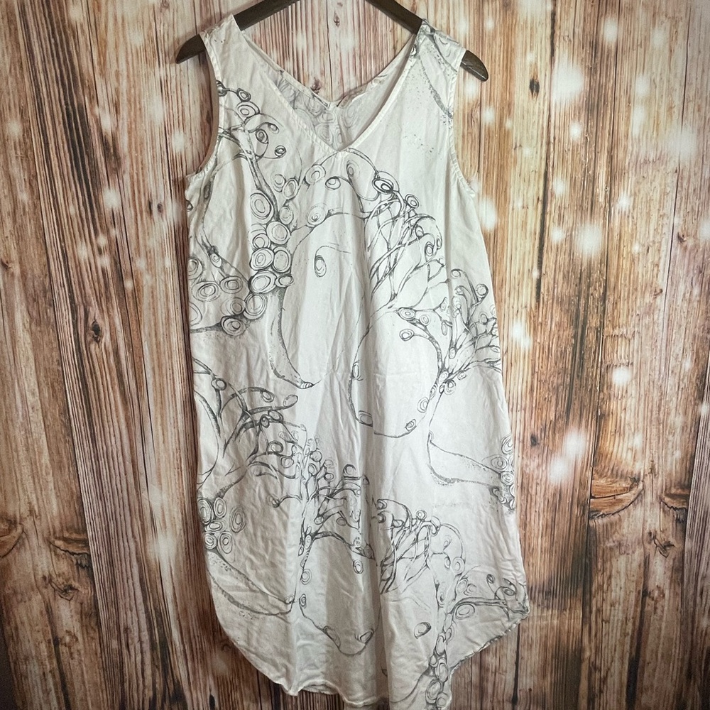 Soft Surroundings Linen Blend Abstract White Midi Dress Sz Med